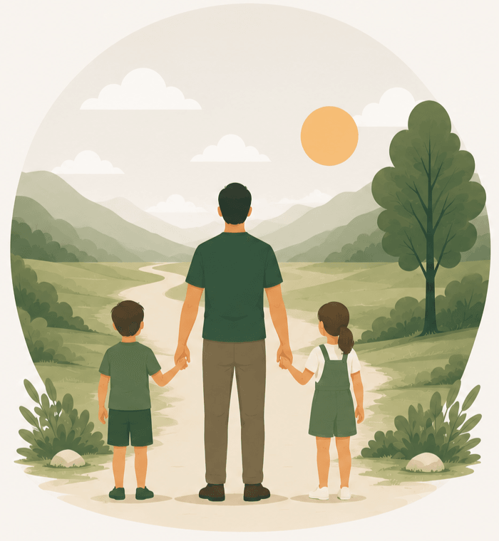 A father and his two children at the start of a trail, looking out over the hills ahead