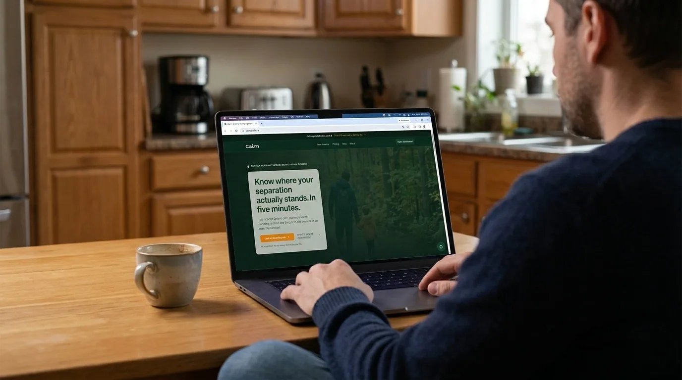 Man at a kitchen table reading the Cairn journal on a laptop, mug of coffee beside him