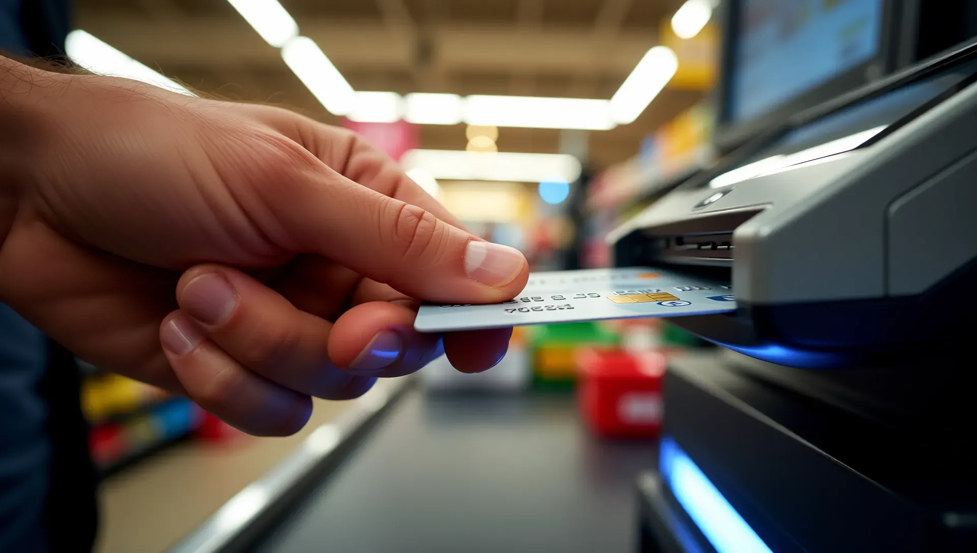 A photorealistic close-up shot of a man's hand firmly gripping a bank debit card, inserting it into a modern payment terminal at a grocery store checkout