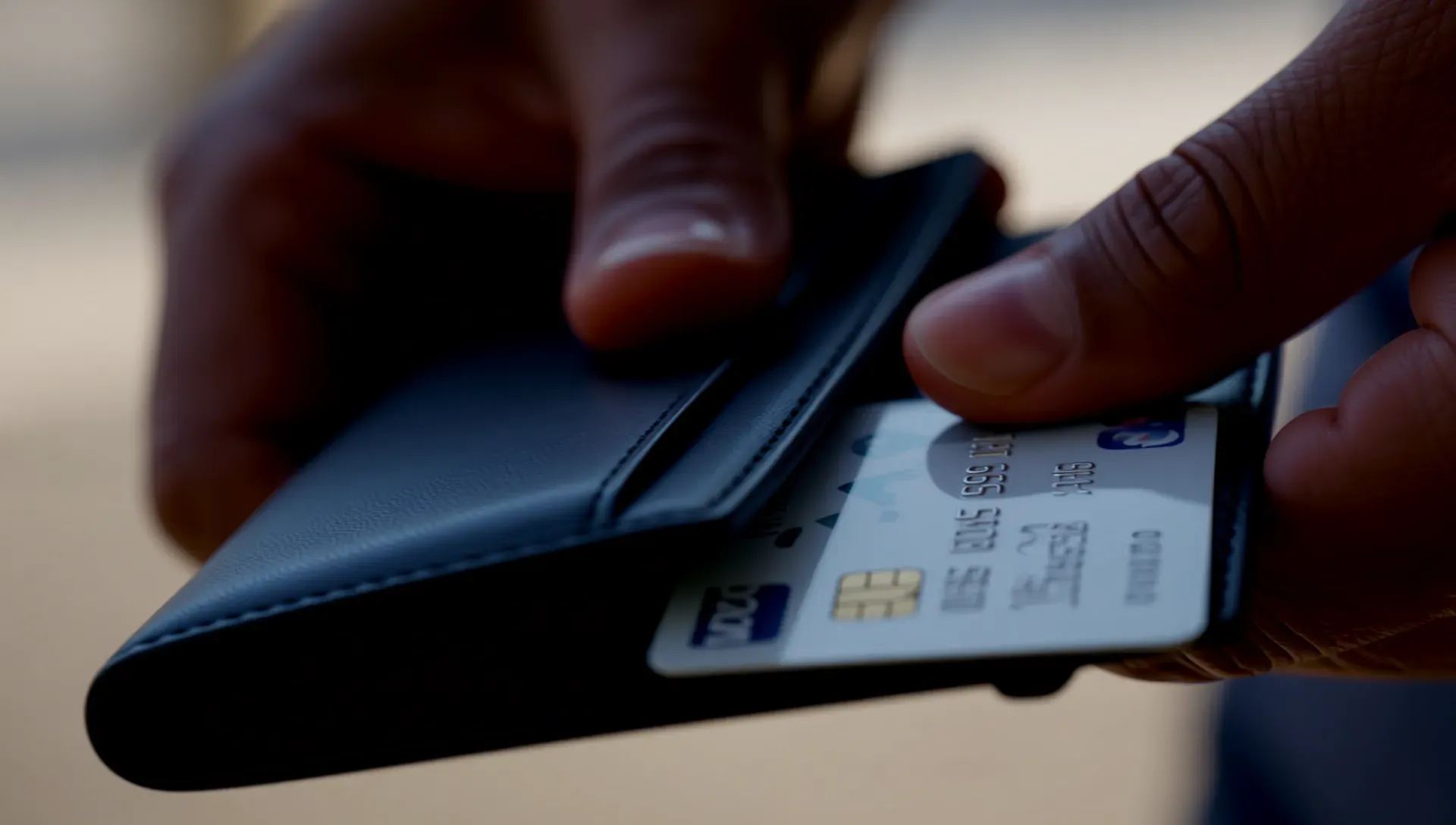 A man at a kitchen table reviewing a pay stub beside a calculator and a mug of coffee