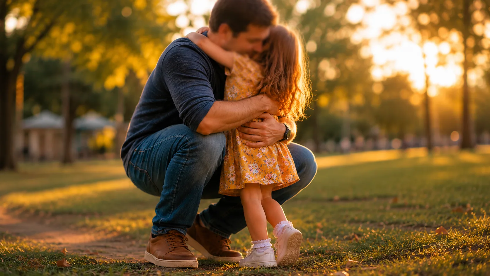 Father holding his young daughter close in a quiet, warm moment.