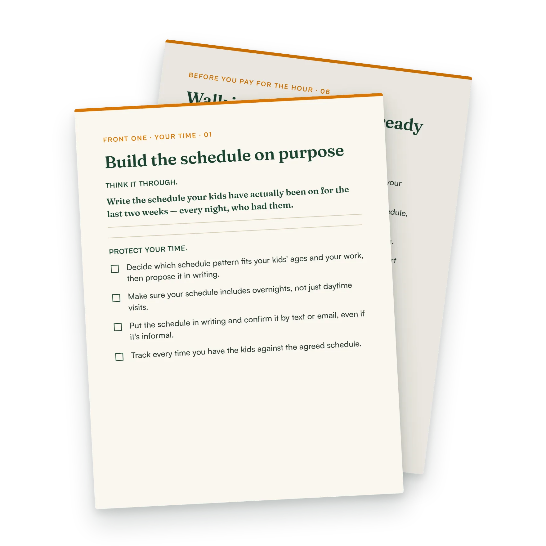 Workbook page for the schedule front, showing a prompt about the current parenting pattern and a checklist for protecting parenting time.