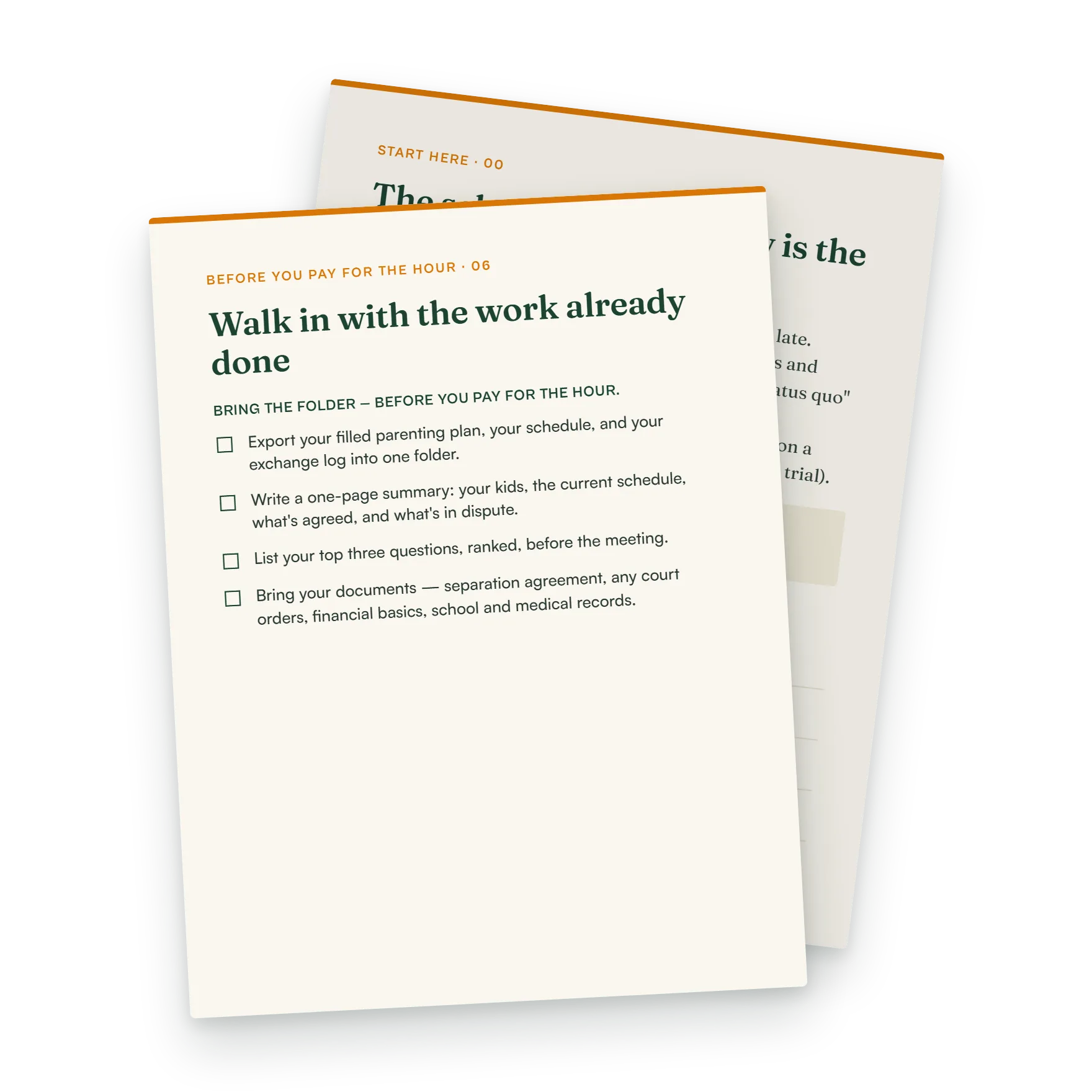 Workbook page listing the documents to bring to a first lawyer meeting: the parenting plan, schedule, exchange log, and supporting records.