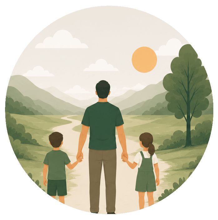 A father and his two children at the start of a trail, looking out over the hills ahead