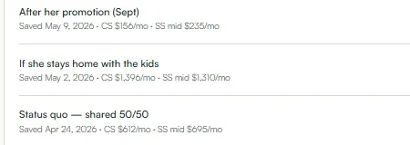 Support calculator with three saved scenario cards showing monthly amounts side by side