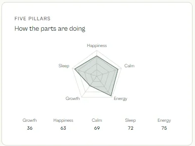 Mental fitness radar with a five-pillar pentagon and a twelve-week trend line beneath