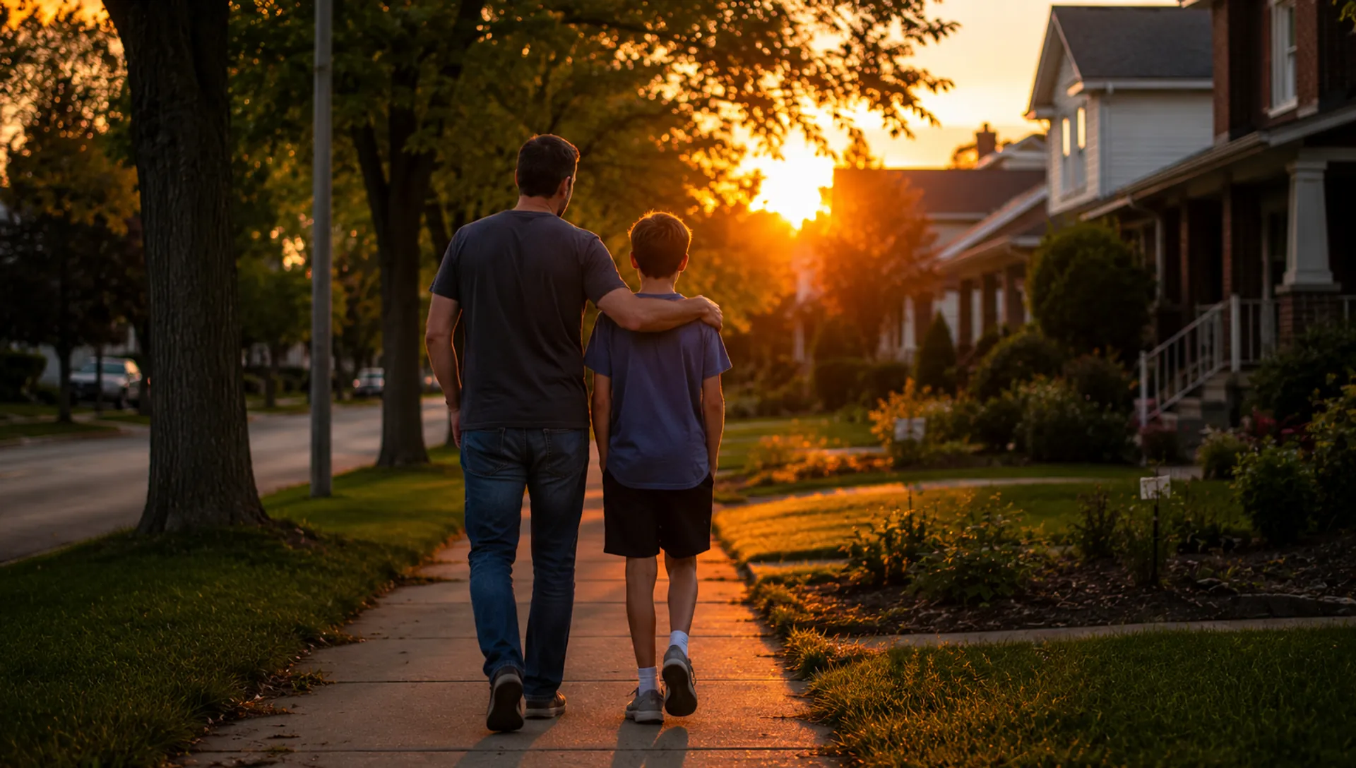 Father and son walking home on the sidewalk on a beautiful summer evening.