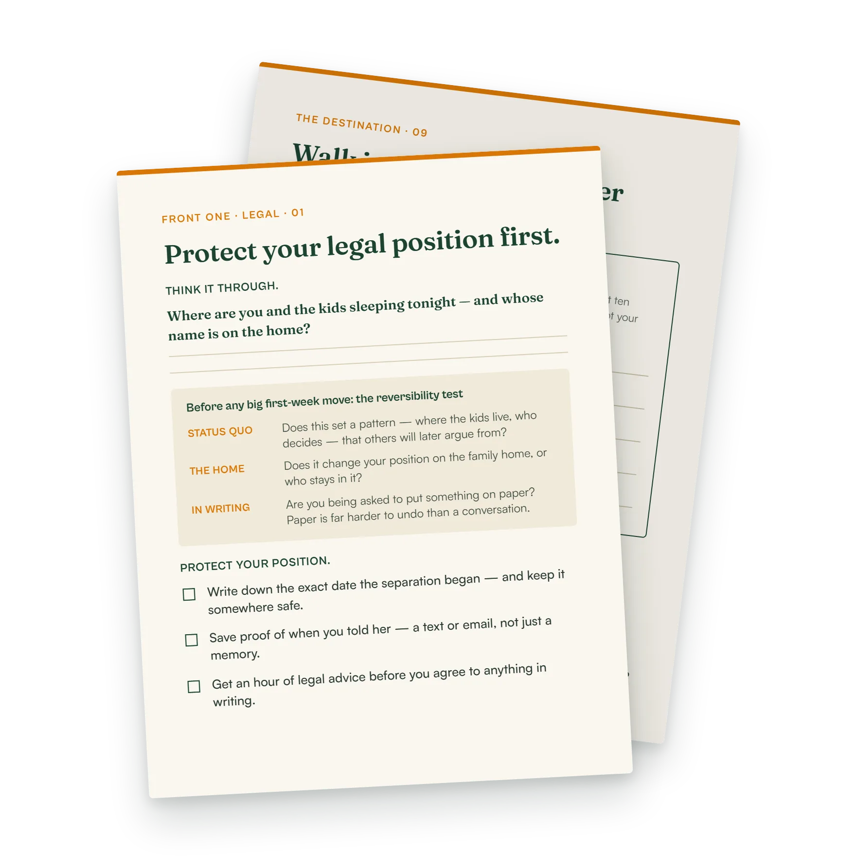 Workbook page for the legal front, showing a reversibility test table and a checklist for protecting your legal position.