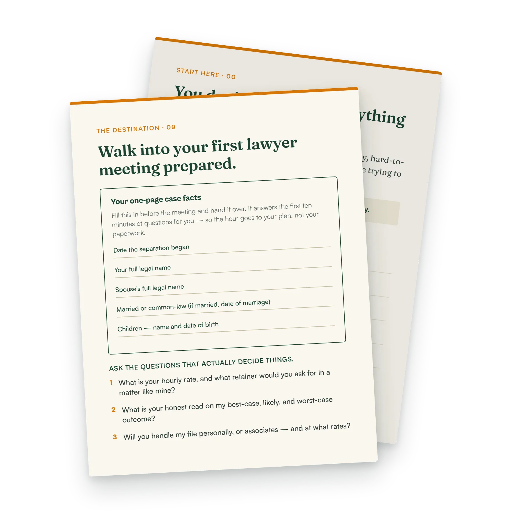 Workbook page with a one-page case-facts sheet and the questions to ask a lawyer at the first meeting.