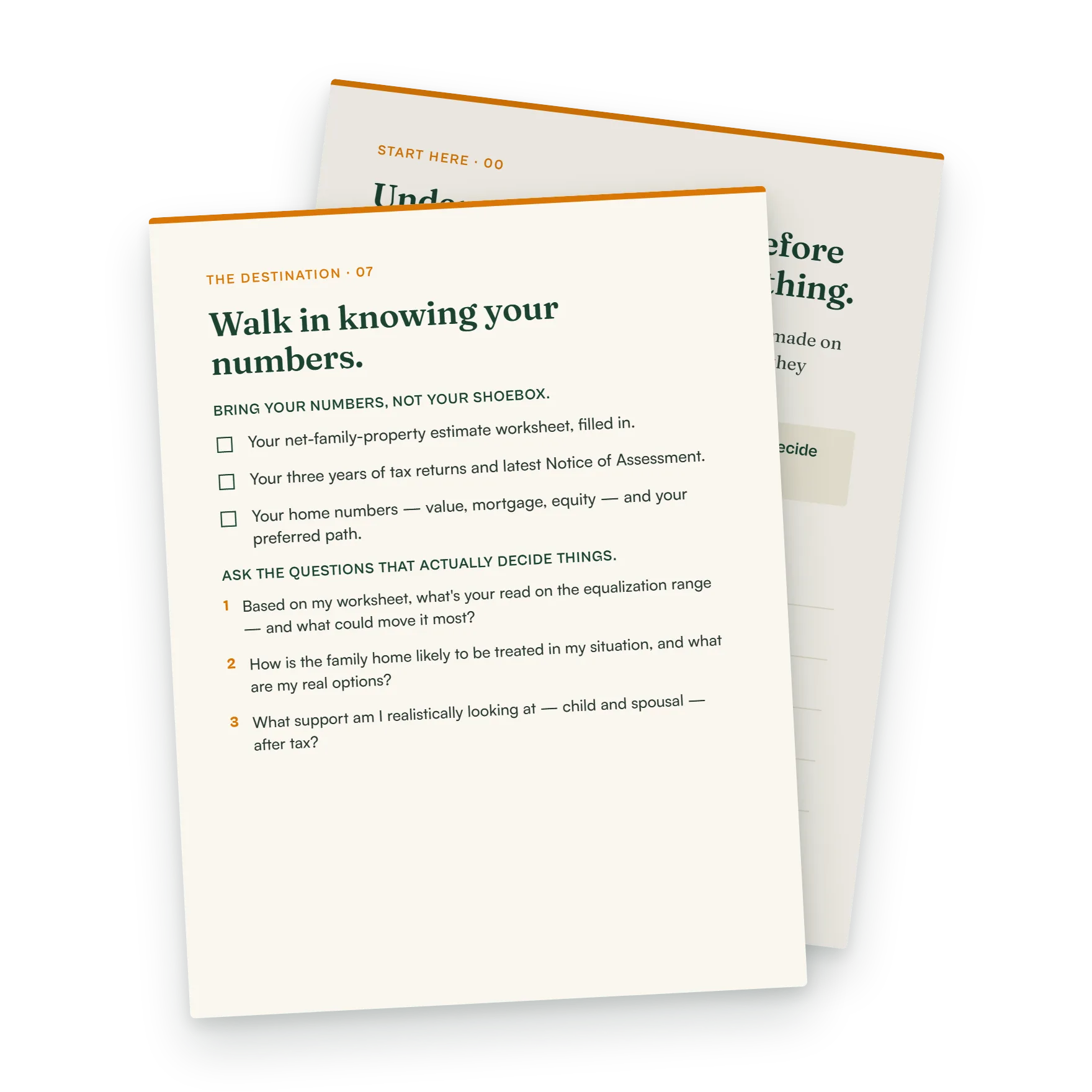 Workbook page listing documents to bring to a lawyer meeting and the questions to ask about equalization, the family home, and support.