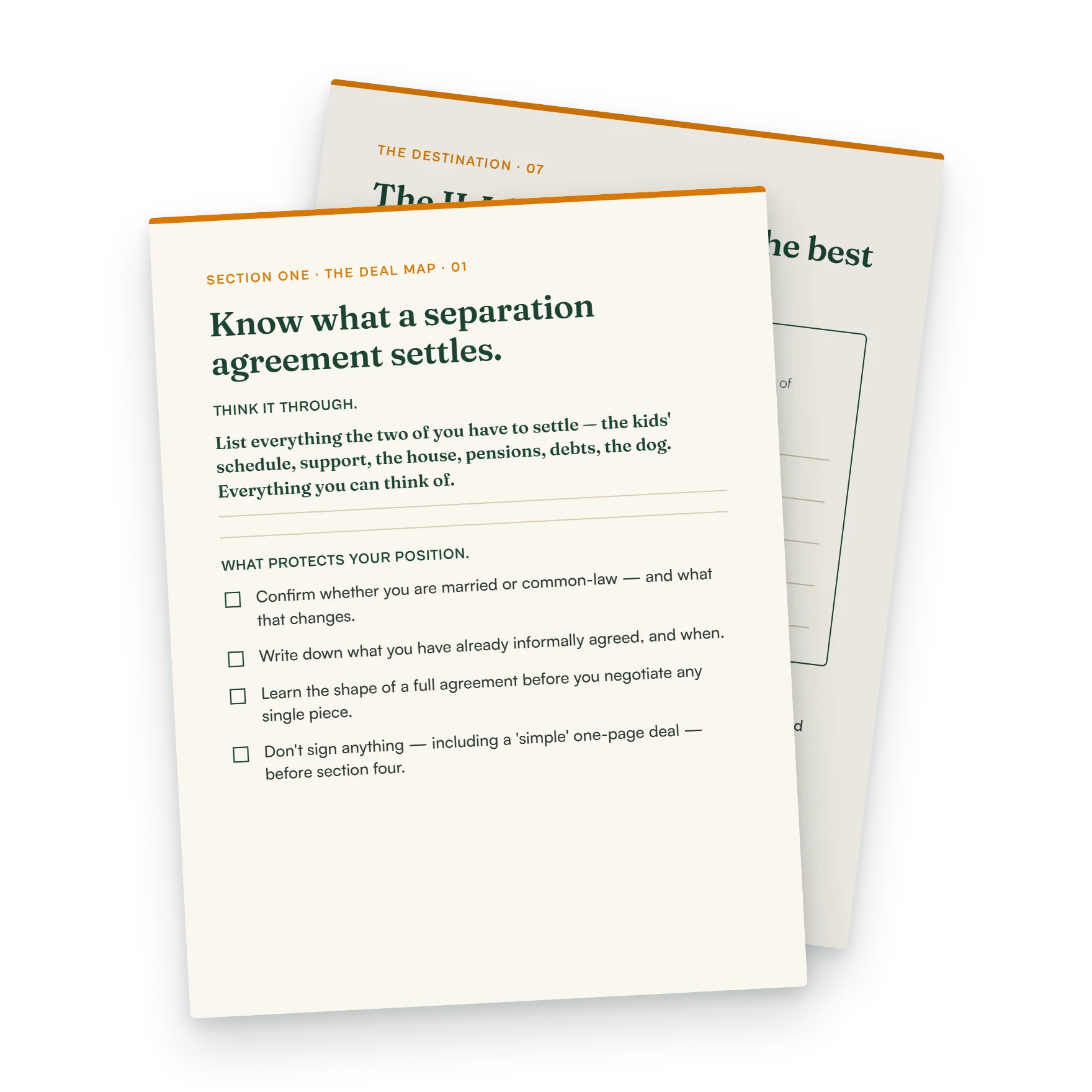 Workbook page for the deal map front, showing a prompt to list everything to settle and a checklist for protecting your position before signing.