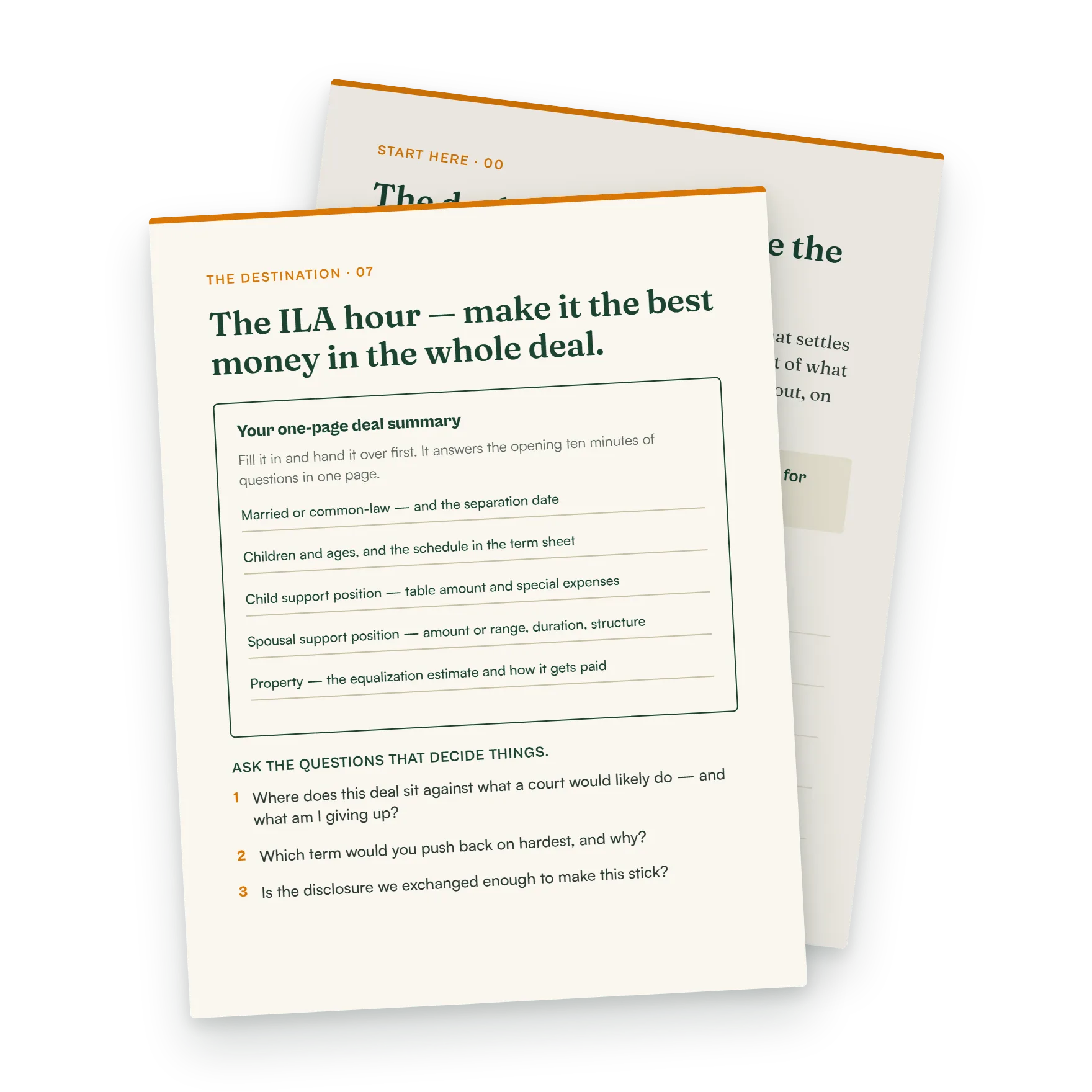 Workbook page with a one-page deal summary worksheet and the questions to ask a lawyer during independent legal advice.