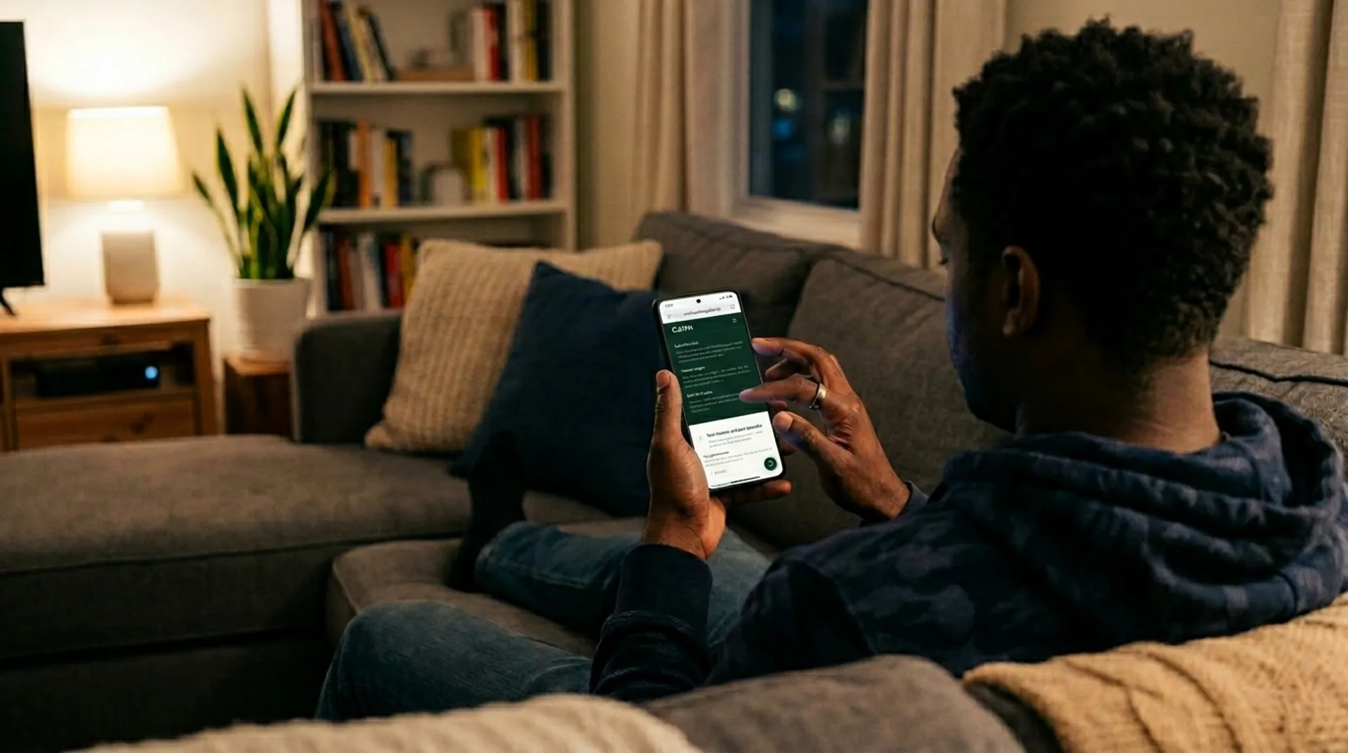 A man relaxing on his couch in a softly-lit living room, reviewing the Cairn separation calculator on his phone